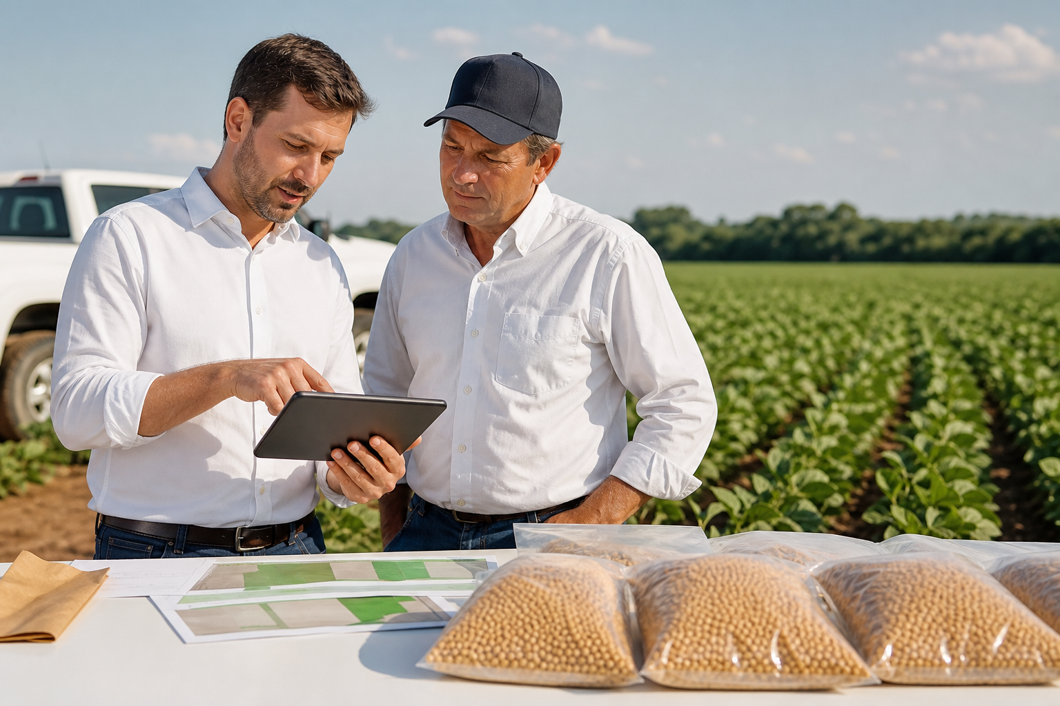 Equipe técnica avaliando projeto agro no campo